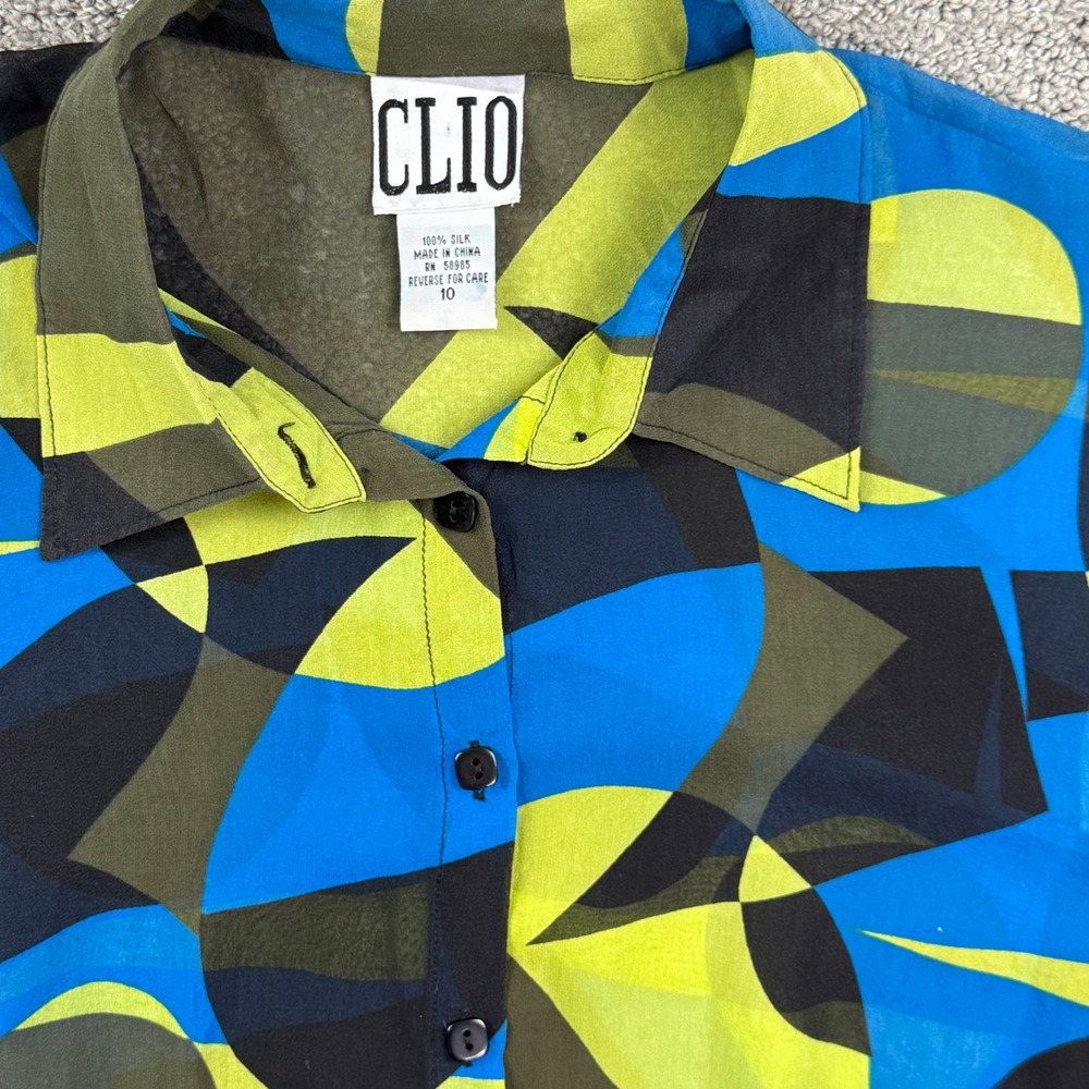 Clio Silk Blouse Women 10 Blue Geometric Abstract Button Up Top Artistic Retro
